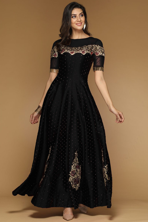 Black Taffeta Silk Embroidered Anarkali Suit