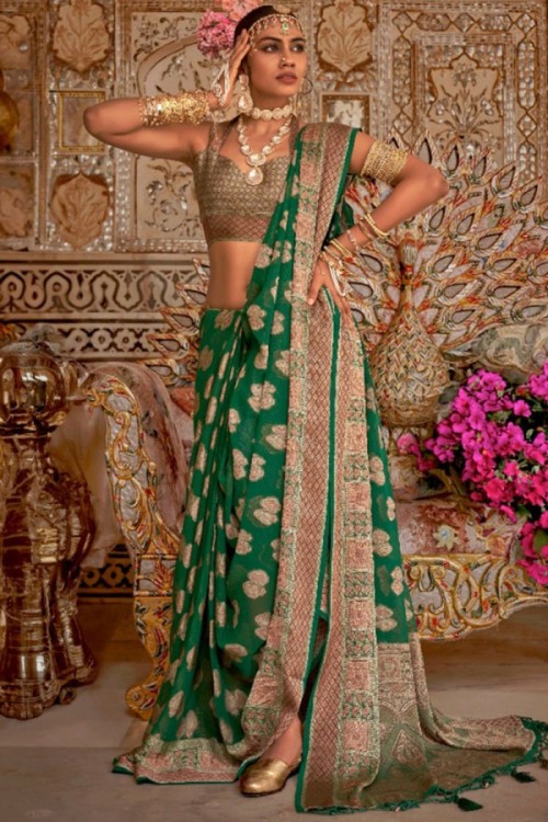 Dark Green Georgette Weaved Light Weight Saree 