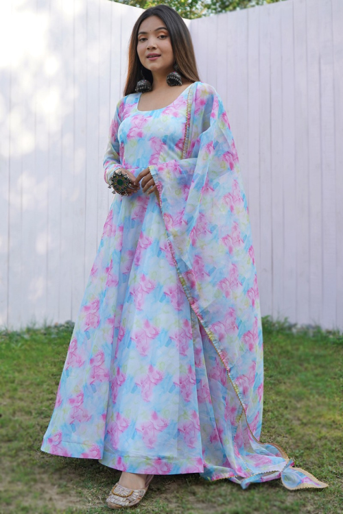 Organza White Printed Ready Made Ankle Length Anarkali Suit