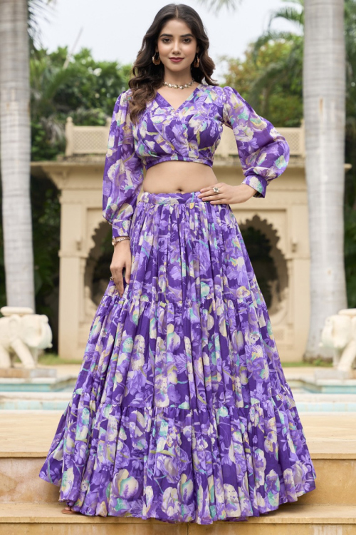 Violet Purple Georgette Printed Ready to Wear Flared Style Lehenga
