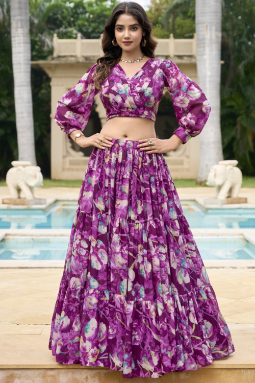 Purple Georgette Printed Ready to Wear Flared Style Lehenga
