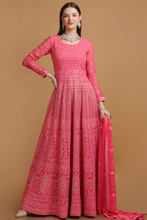 Carrot Pink Georgette Embroidered Anarkali Suit for Eid