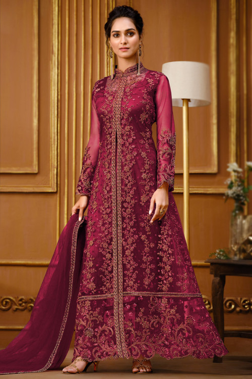 Maroon, Silver Maroon & Silver Color Blocked Semi-Stitched Dress Material