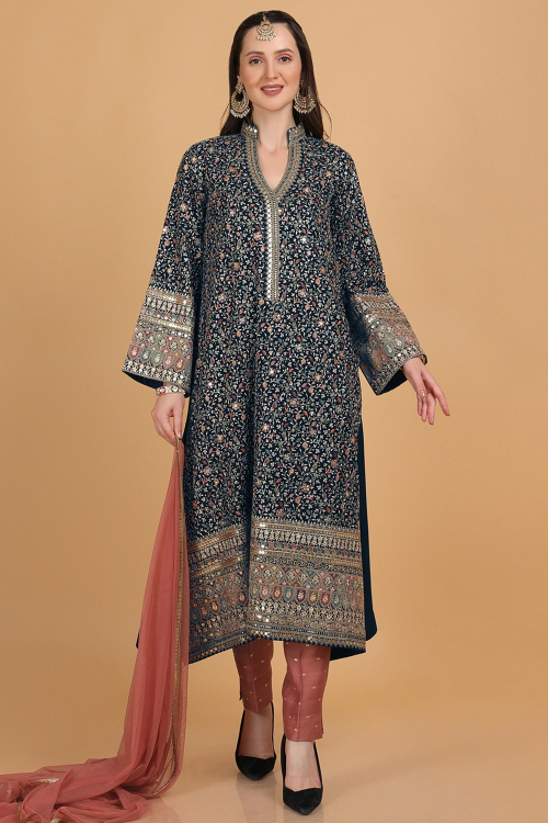 Buy Festival Wear Georgette Navy Blue Embroidered Trouser Suit for Eid