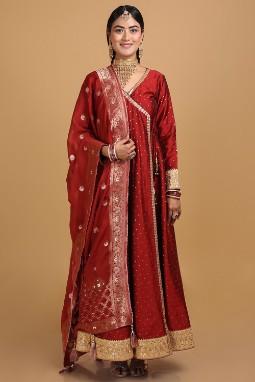 Maroon Anarkali Style Eid Wear Anarkali Suit in Silk