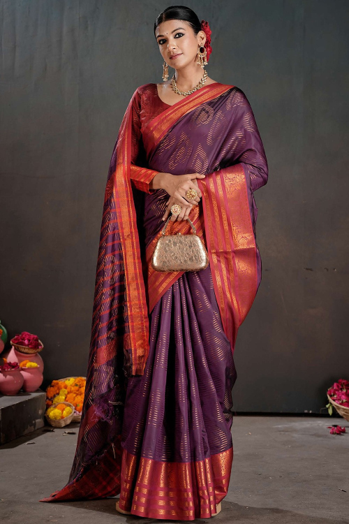 Plum Purple Soft Silk Saree With Woven Zari Work For Festival