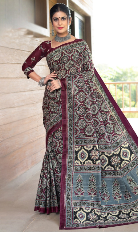 Wine Maroon Cotton Printed Casual Wear Saree 