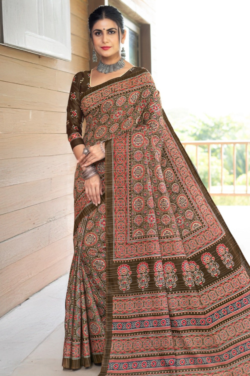 Soft Cotton Casual Saree in Printed Dark Brown Hue