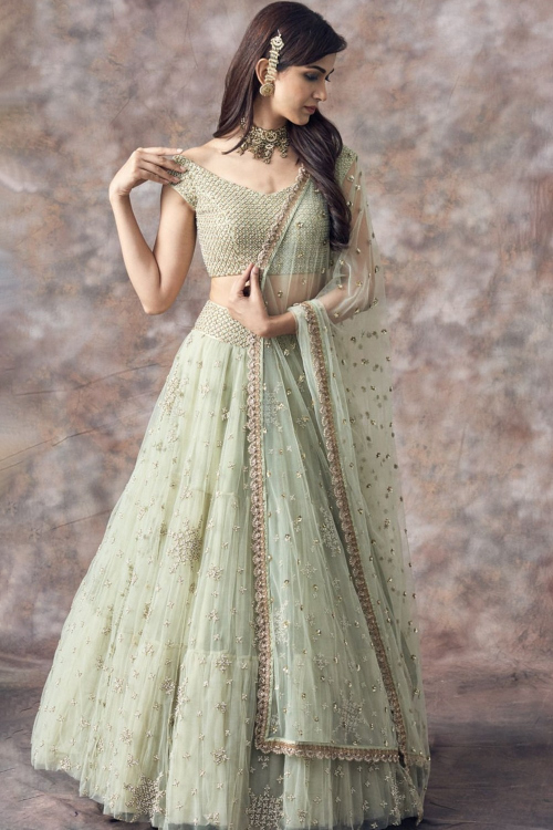 Light Green Net Embroidered Flared Style Lehenga