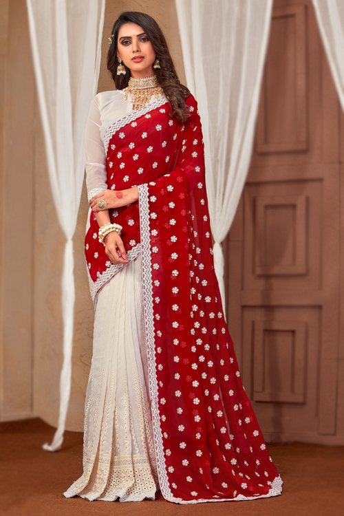 Georgette Off White And Red Half And Half Embroidered Saree 