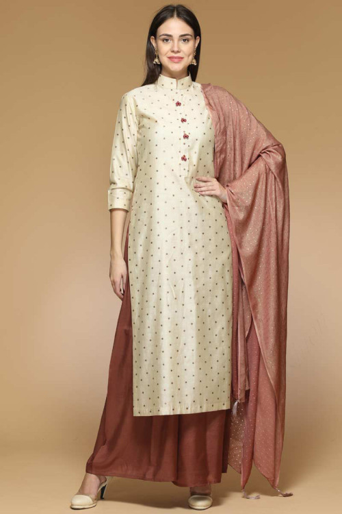 Eid Special Silk Palazzo Pant Suit in Cream Color 