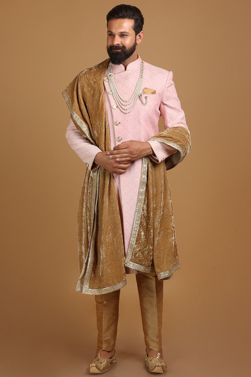 Pale Pink Modal Satin Embroidered Men Sherwani With Velvet Dupatta