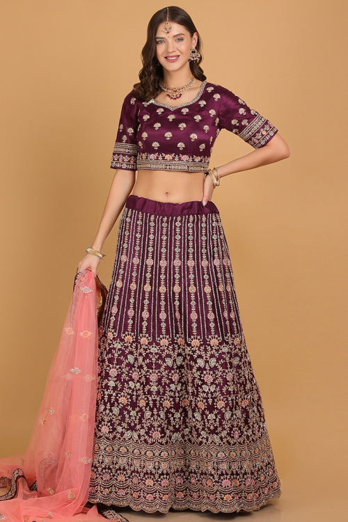 Dark Purple Zari Embroidered Net Panelled Wedding Lehenga