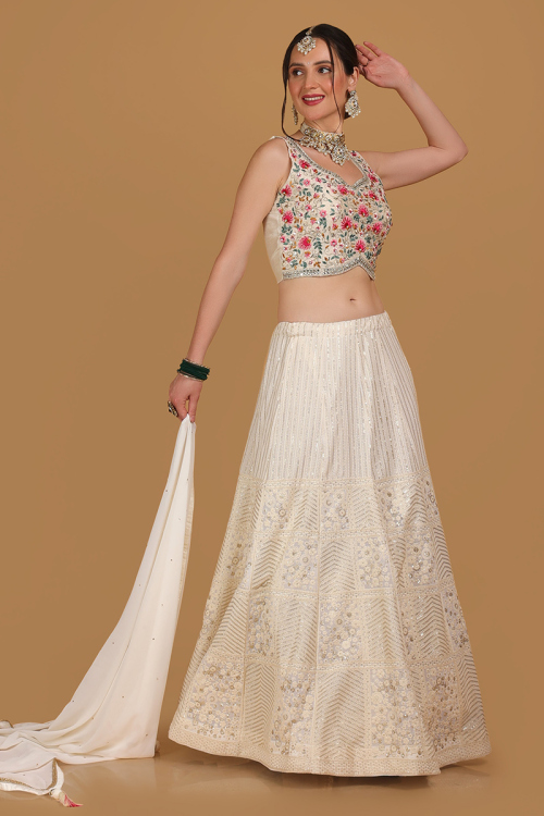 White Georgette Embroidered Lehenga