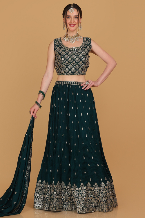 Bottle Green Georgette Embroidered Lehenga