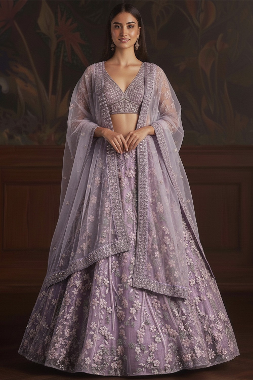 Lavender Purple Net A Line Lehenga With Dori Work
