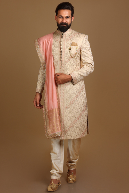 Embroidered Modal Satin Beige Men Sherwani With Chanderi Silk Dupatta