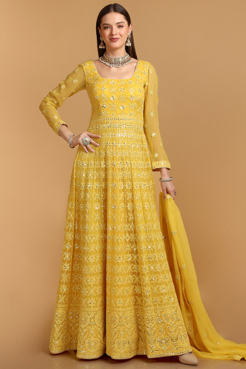 Yellow Georgette Anarkali with Churidar Suit for Eid