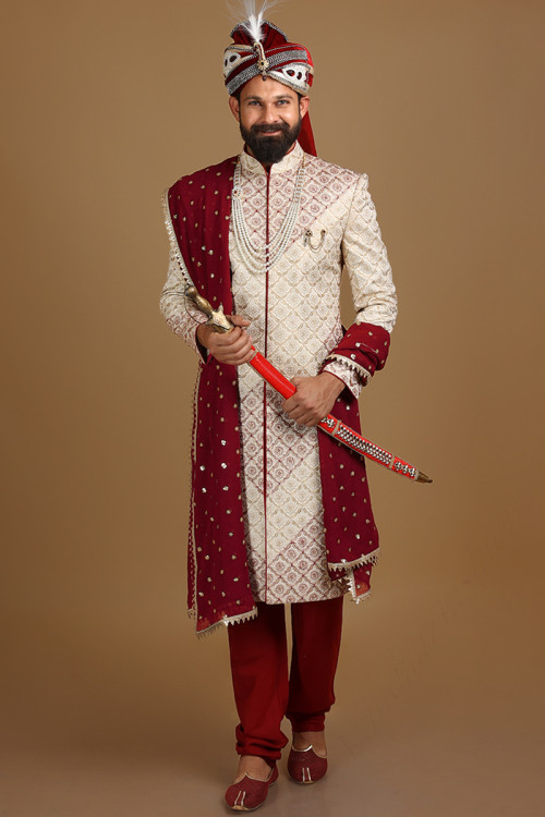 Zari Embroidered Modal Satin Light Beige Men Sherwani With Dupatta