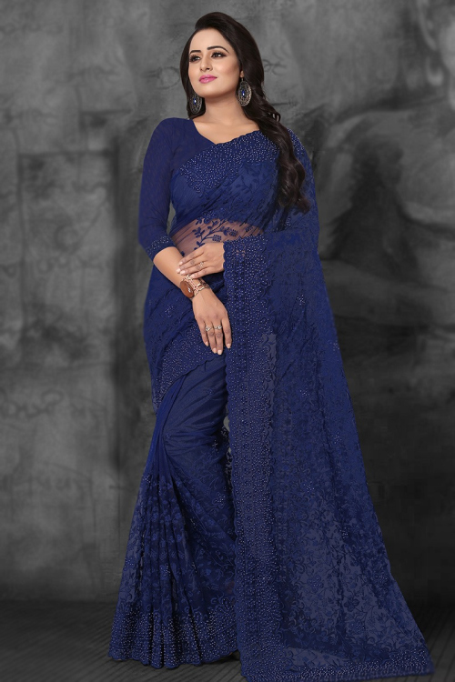 Navy Blue Net Resham Thread Embroidered Light Weight Saree