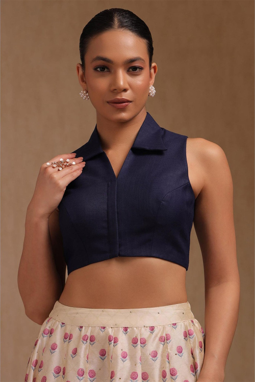 Navy Blue Linen Partywear Blouse