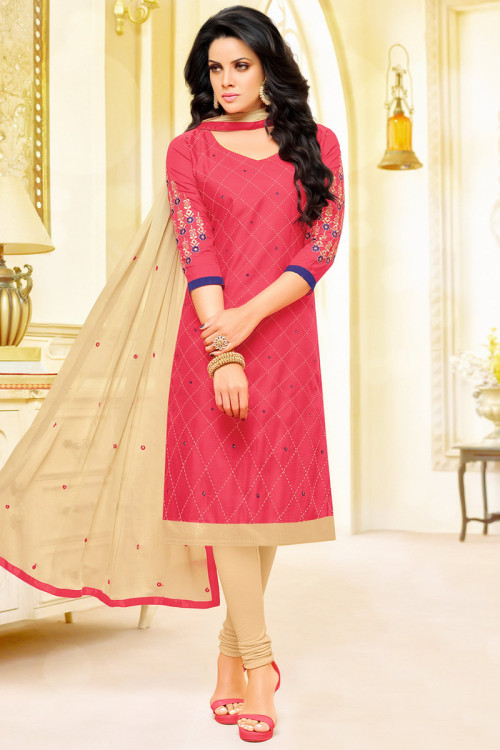Thread Work Embroidered Cotton Hot Pink Churidar Suit