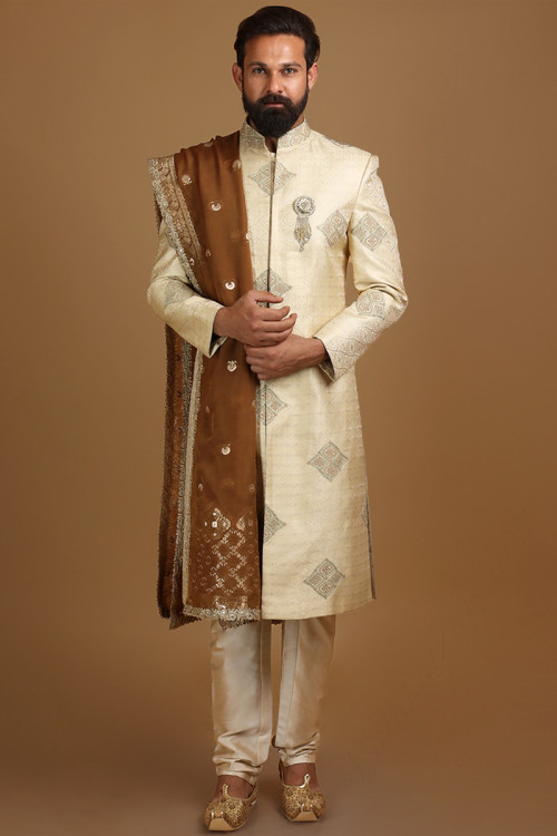 Brocade Cream Beige Wedding Wear Men Sherwani with Zari Work