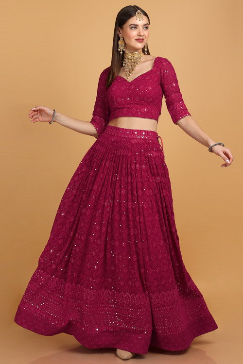 Magenta Pink Georgette Embroidered Wedding Lehenga