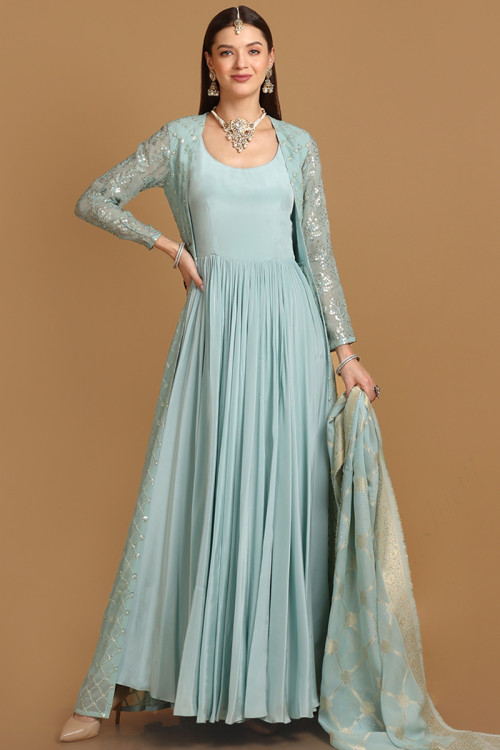 Mint Blue Satin Embroidered Anarkali Suit for Eid