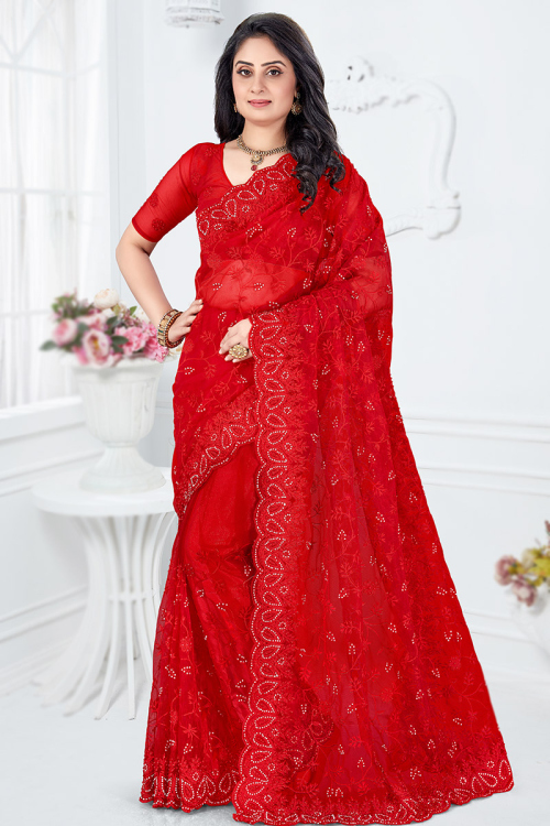 Net Stone Embellished Red Saree For Sangeet