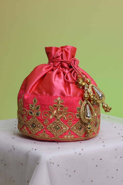 Pink Embroidered Silk Potli