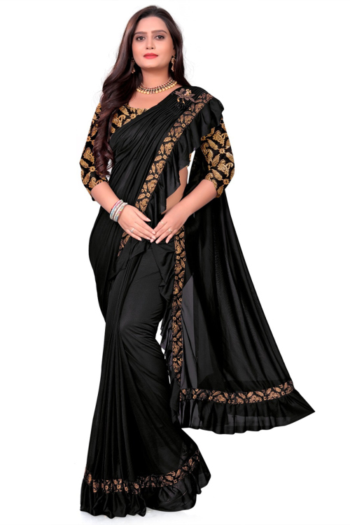 Lycra Black Lace Embroidered Light Weight Saree