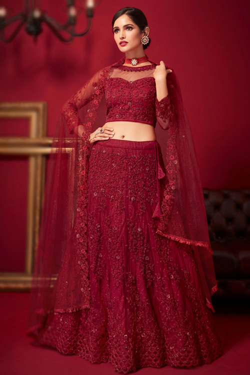 Embroidered Net Wine Maroon Panelled Style Lehenga 