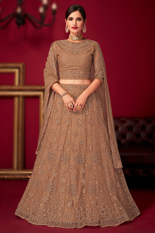 Embroidered Net Light Brown Panelled Style Lehenga 