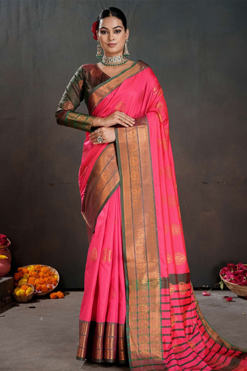 Rani Pink Soft Silk Broad Border Saree With Woven Zari Work