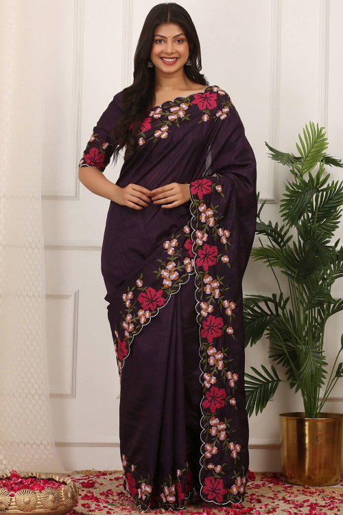 Dark Purple Art Silk Resham Thread Work Light Weight Saree
