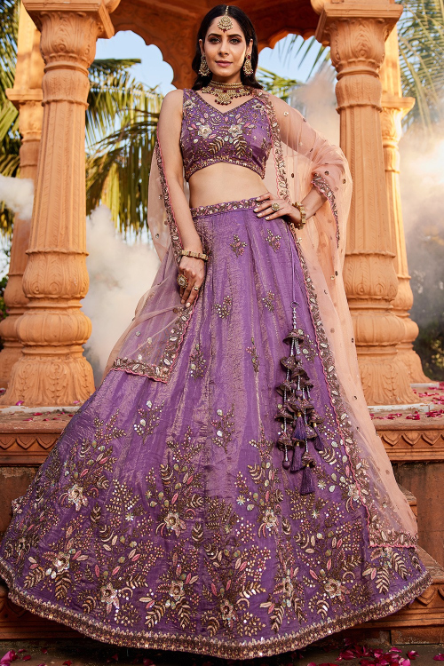 Lavender Purple Tissue Embroidered Lehenga For Wedding