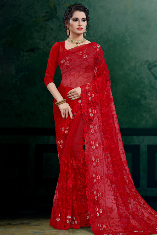 Net Chilly Red Resham Embroidered Light Weight Saree 