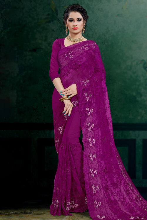 Purple Saree Net Resham Embroidered Light Weight Saree 