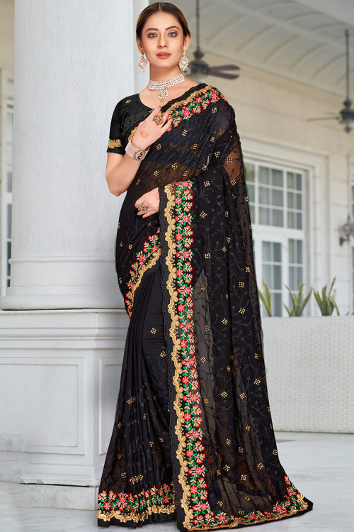 Georgette Black Stone Embroidered Light Weight Saree 