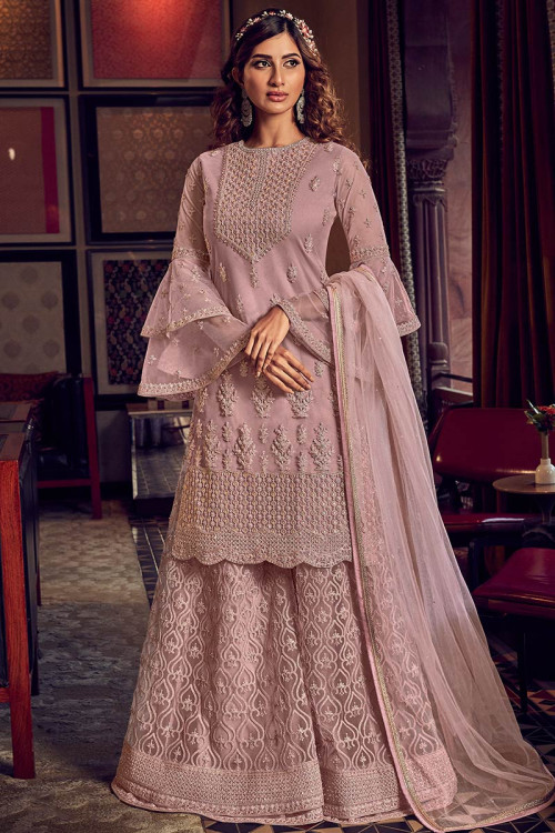 Pastel Pink Net Broad Border Sharara Suit-
