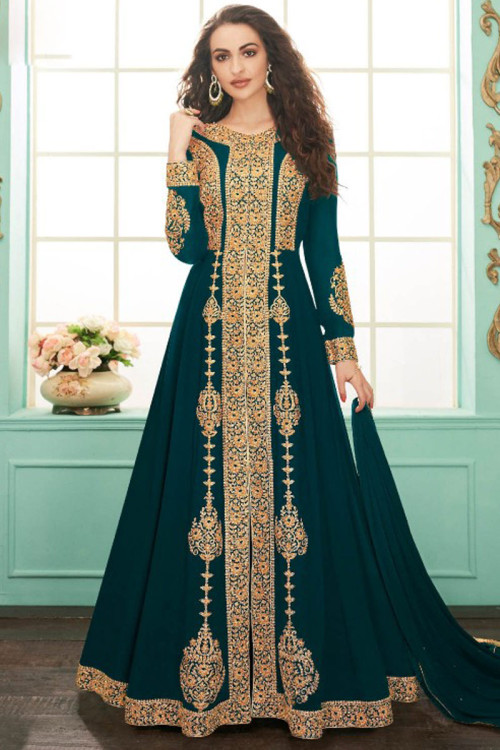 Wedding Party Teal Blue Anarkali Suit with Zari work LSTV06761