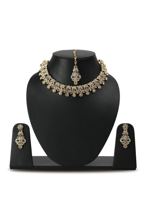 White Stone Studded Gold Plated Choker Necklace Set