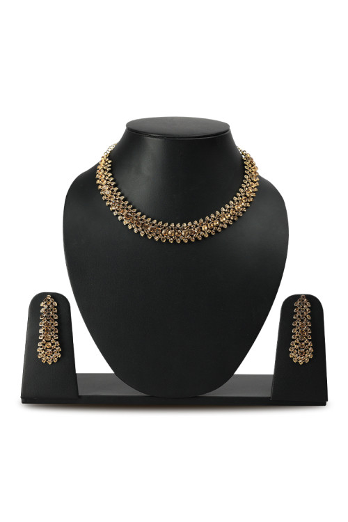Golden Stone Studded Gold Plated Necklace with Earrings 