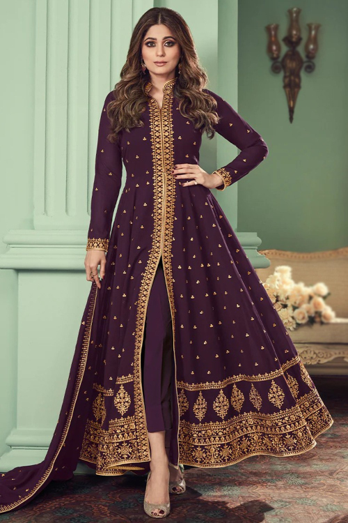 Purple Georgette Front Slit Anarkali Suit with Zari embroidery for Wedding & Party