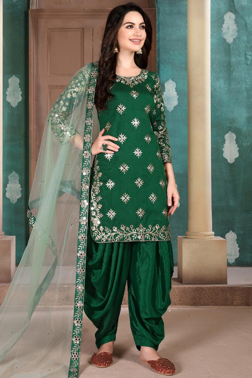 Forest Green Art Silk Embroidered Eid Patiala Suit