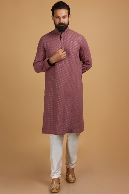 Mauve Taupe Cotton Silk Printed Men Kurta Pajama