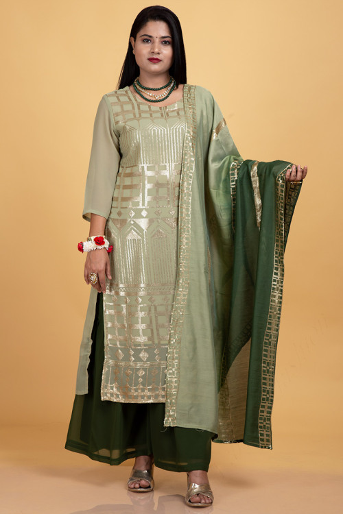 Sequins Work Pistachio Green Sharara Suit in Georgette for Party 