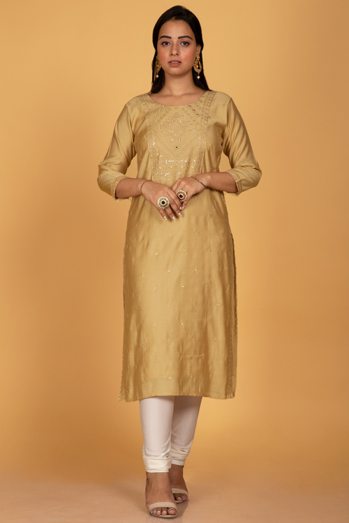 Embroidered Soft Cotton Silk Beige Churidar Suit