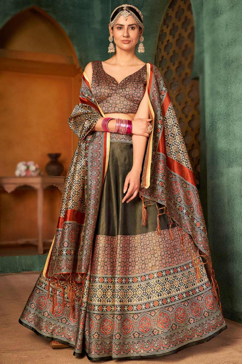 A Line Army Green Silk Lehenga